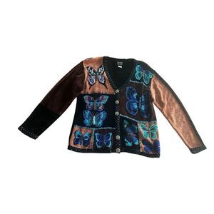 Vintage sweater black butterfly beaded cardigan chenille L art to wear